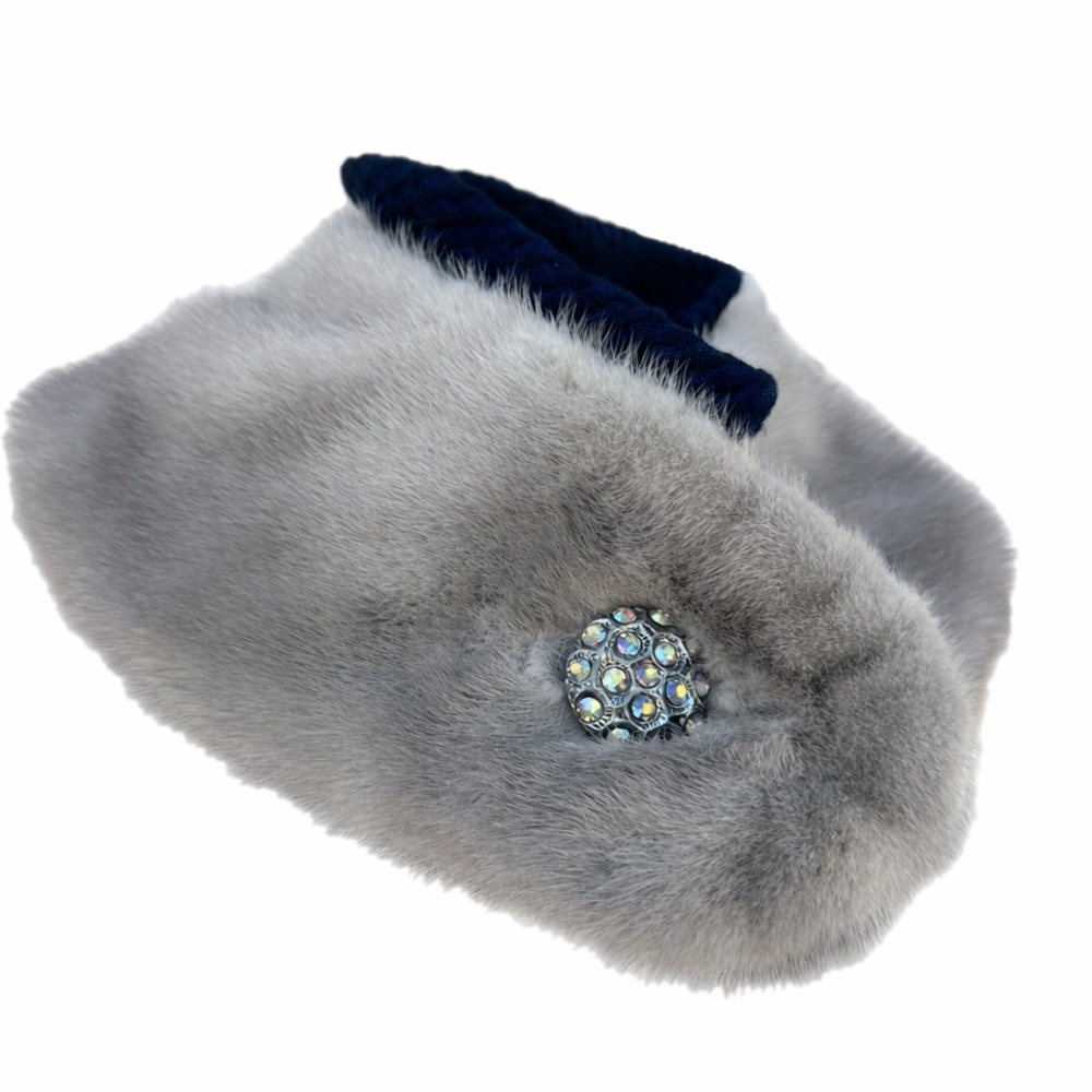 Custom Vintage Genuine Mink Fur Collar • Rhinestone Button-Couture Accent, Grey
